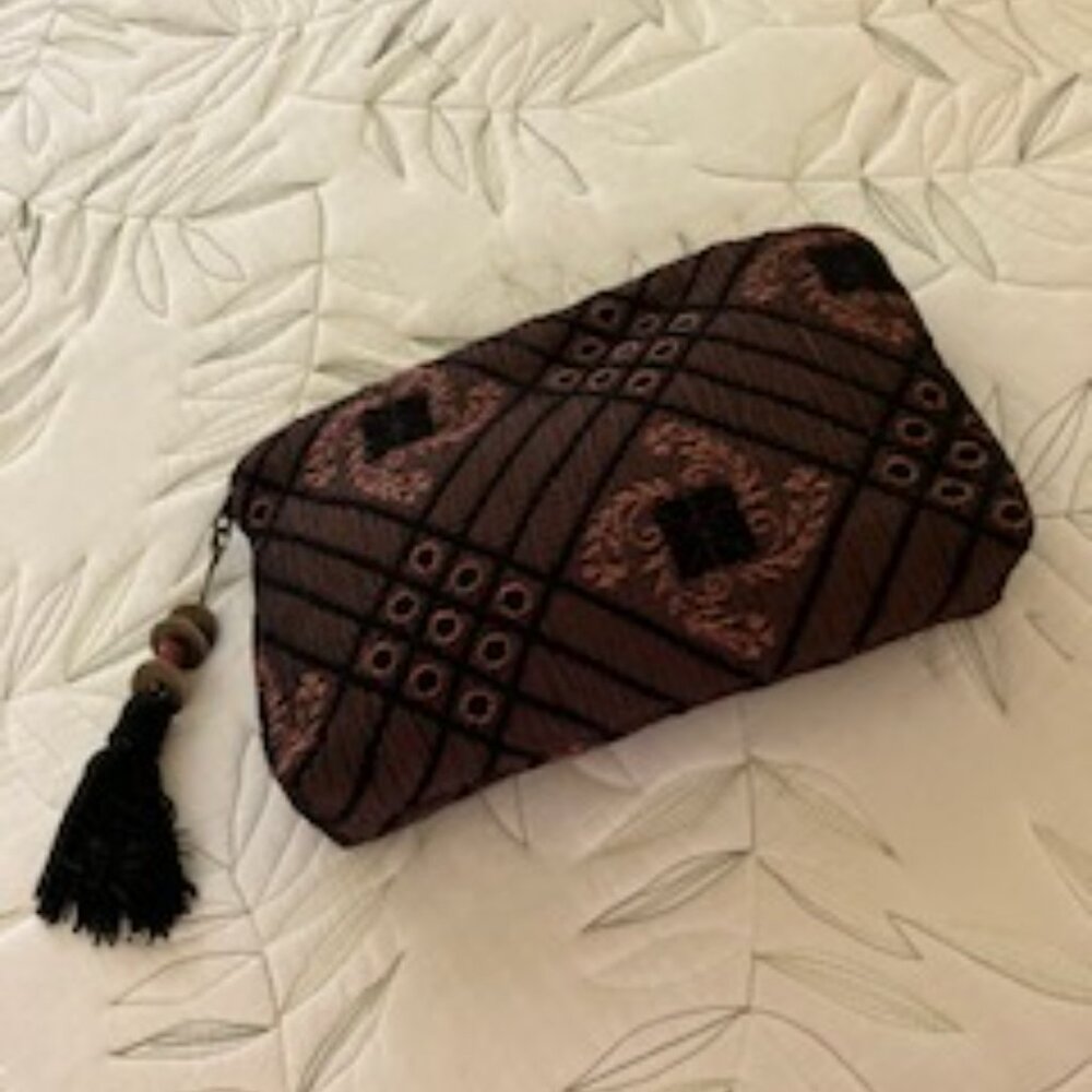 Chico's Brocade Fabric Accessories Bag Black/Brown Color Scheme - Picture 4 of 5
